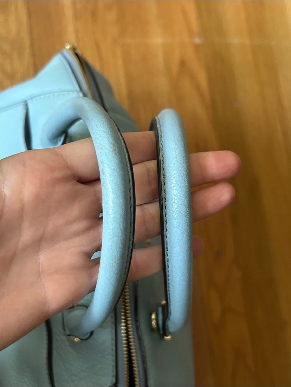 Michael Kors Pale Blue Pebbled Leather Satchel with Gold Hardware